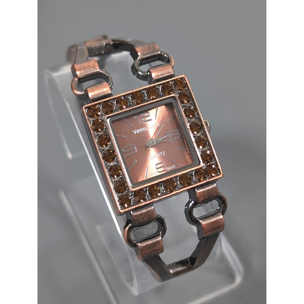 Versales Copper Tone Rhinestone Cuff Watch Cutout Bracelet 6"